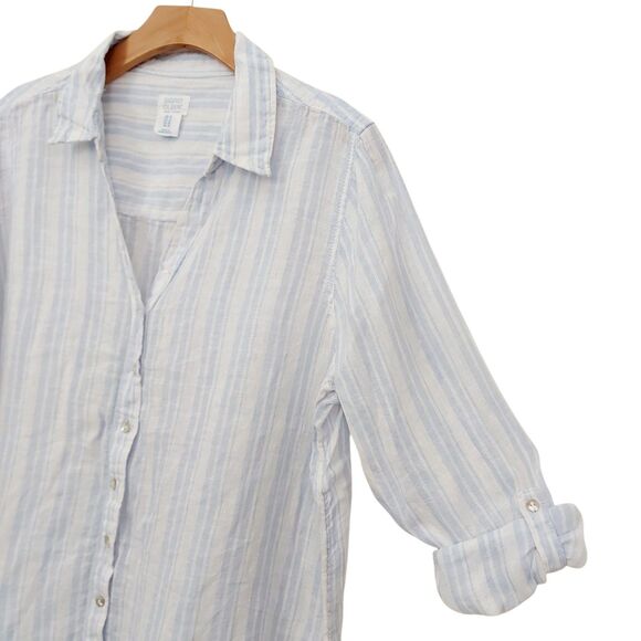 Sigrid Olsen Shirt Womens 1X Blue Stripes 100% Linen Roll Tab Sleeve Nautical - Picture 3 of 11